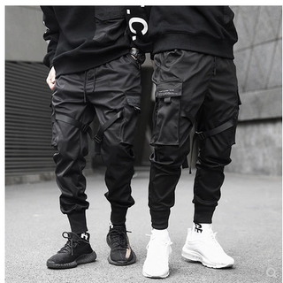 Men Black Hip Hop Cargo Pants Elastic Waist Jogger Trousers