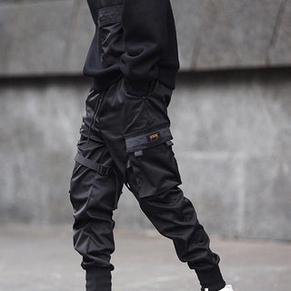 Men Black Hip Hop Cargo Pants Elastic Waist Jogger Trousers
