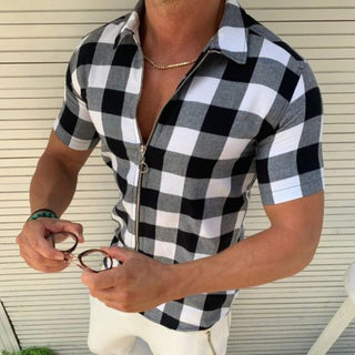 Plaid T Shir Zipper Short Sleeve Summer Men Clothing